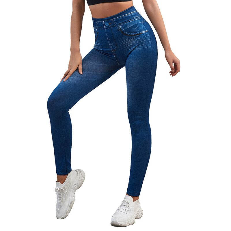 Phụ Nữ Jeggings Giả Denim Quần Legging Giả Jean Cao Cấp Tập Điều Khiển Slim Quần Leggin In Hình Bút Chì Quần Không Đường May Quần Skinny