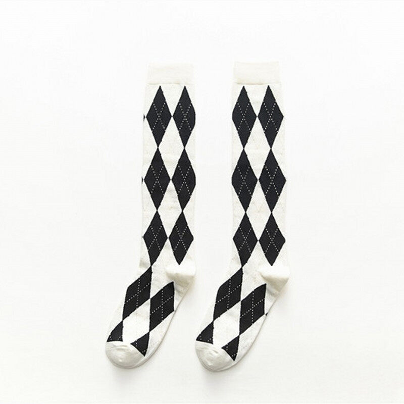 [Lady Sugar]  1 Pair Cotton Long Tube Versatile Diamond Retro Socks Hosiery Knee High Elastic Socks Student Cotton Thin Women Stockings