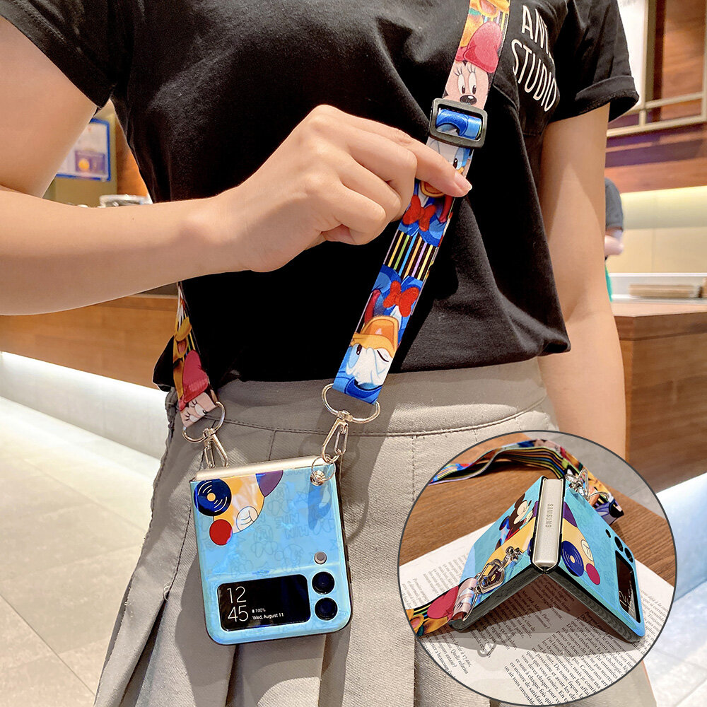 For Samsung Galaxy Z Flip5 Z Flip3 5G Z Flip4 Z Flip Case Cartoon Blu-ray Sling Case Full Coverage Casing Crossbody Strap Ribbon Protect Hinge Shock Resistant Lanyard Slim Thin