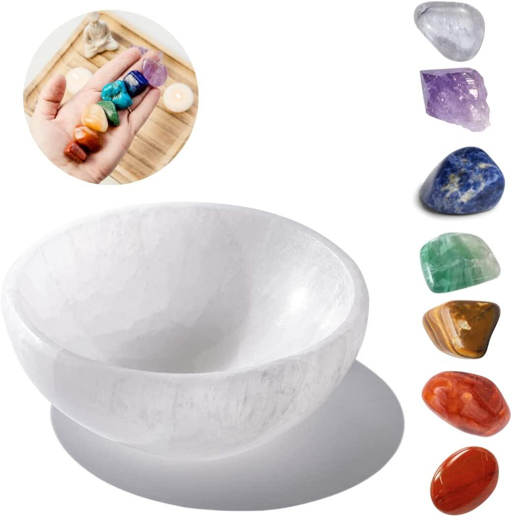 Crystals Selenite Bowl and Chakra Stones kits | 7 Piece Crystal Stone Sets for Beginners| Selenite Charging Plate | Healing Crystal Decor