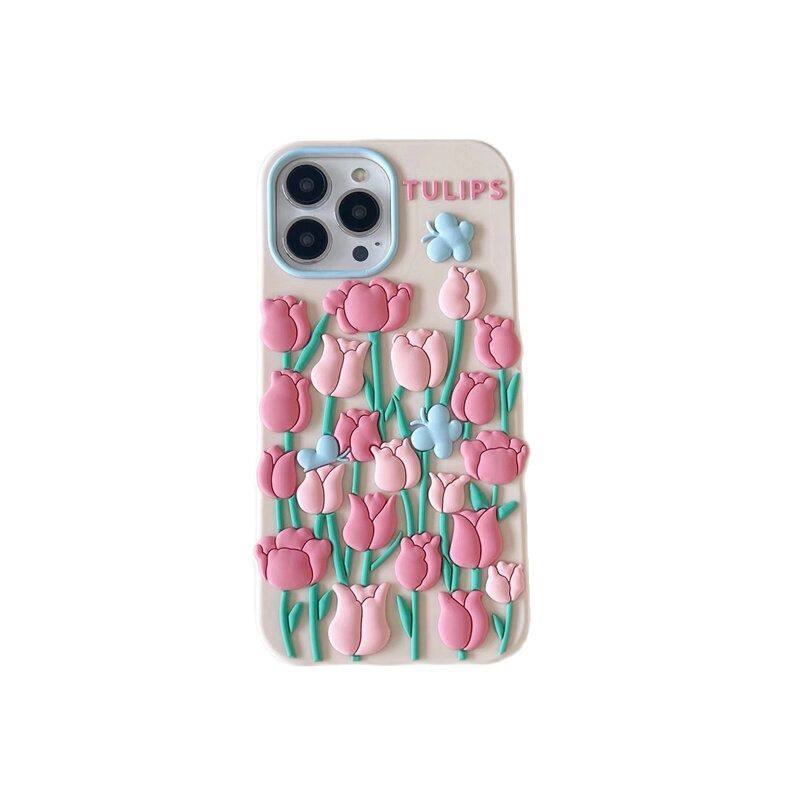 3d phone case for iphone 7p 8p 11 12 pro max 13 14 pro max plus x xs xr case casing cover cute cartoon girl tulip phone soft silicone shell