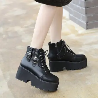 ladies black lace up biker boots