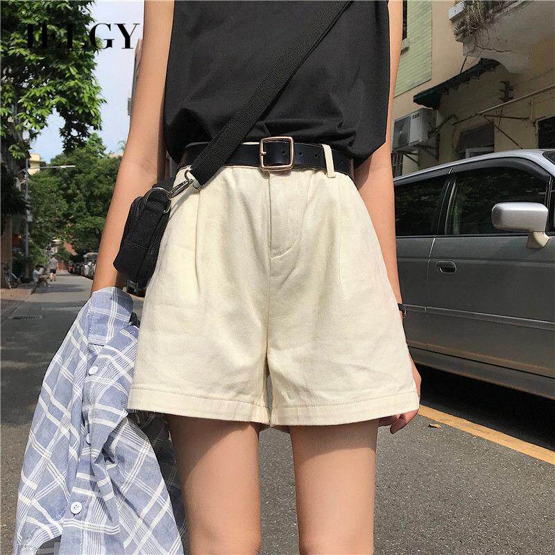 IELGY Korean style loose high waist solid color denim shorts women