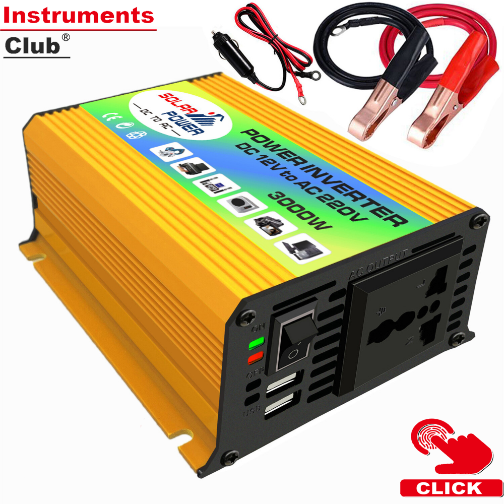 Peaks power 3000w modified sine wave inverter high frequency power inverter dc 12v to ac 220v converter car power charger inverter with 2.1a dual usb port bat-tery clips