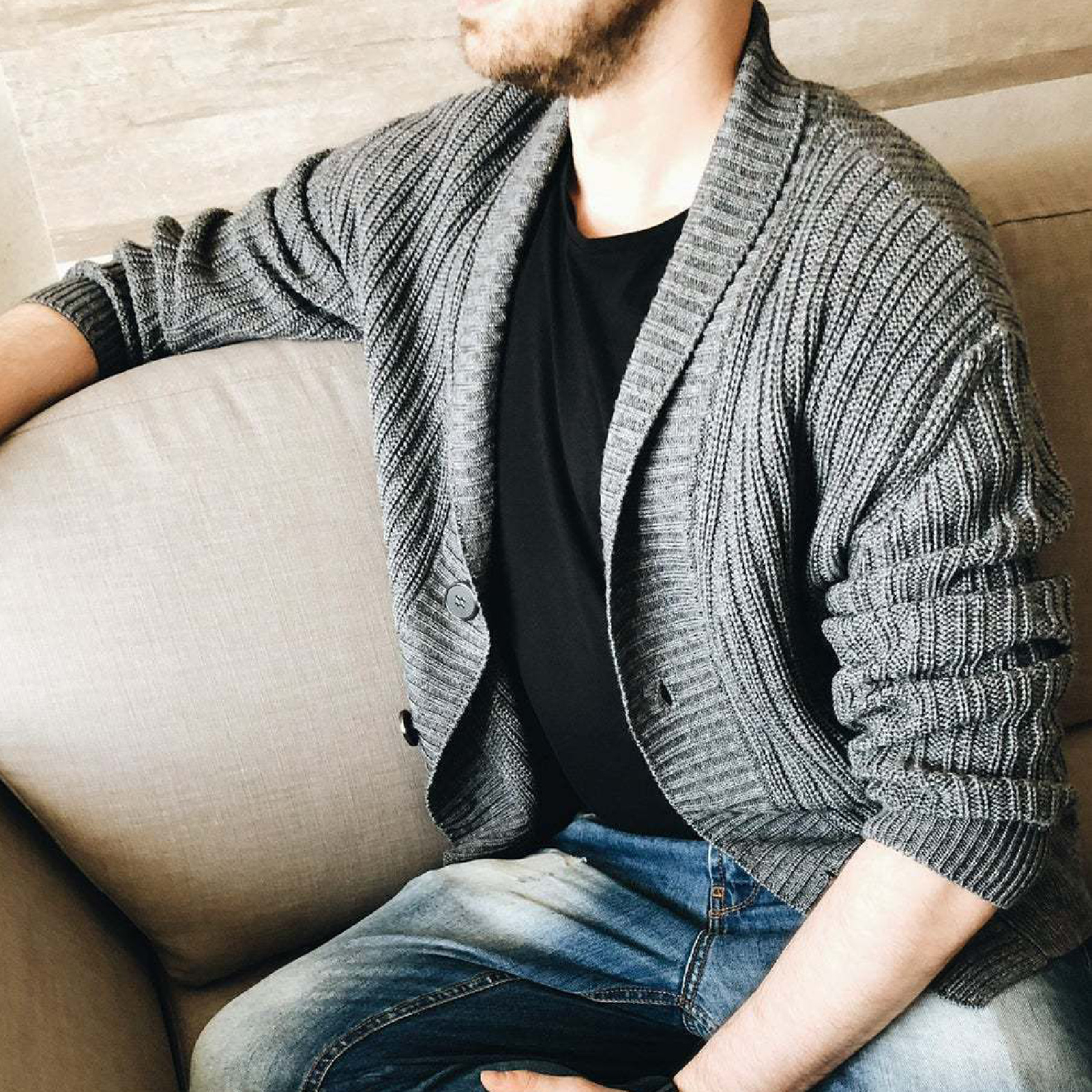 Simple Sweater Coat Solid Color Comfortable Simple Men Solid Color Knitted Sweater Coat for Outdoor