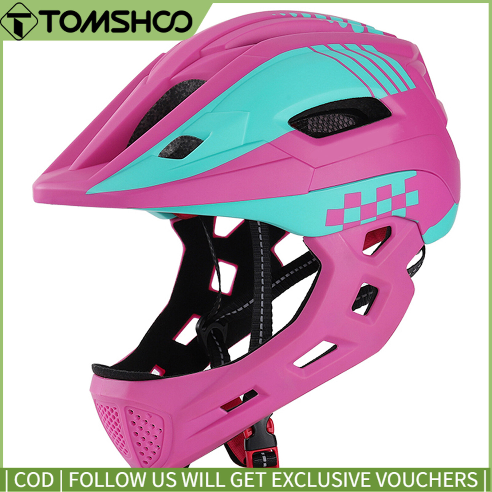 TOMSHOOH Kid Bike Full Face Helmet Children Safety Riding Skateboard Rollerblading Helmet Sports Head Guard with Taillight and Detachable Chin