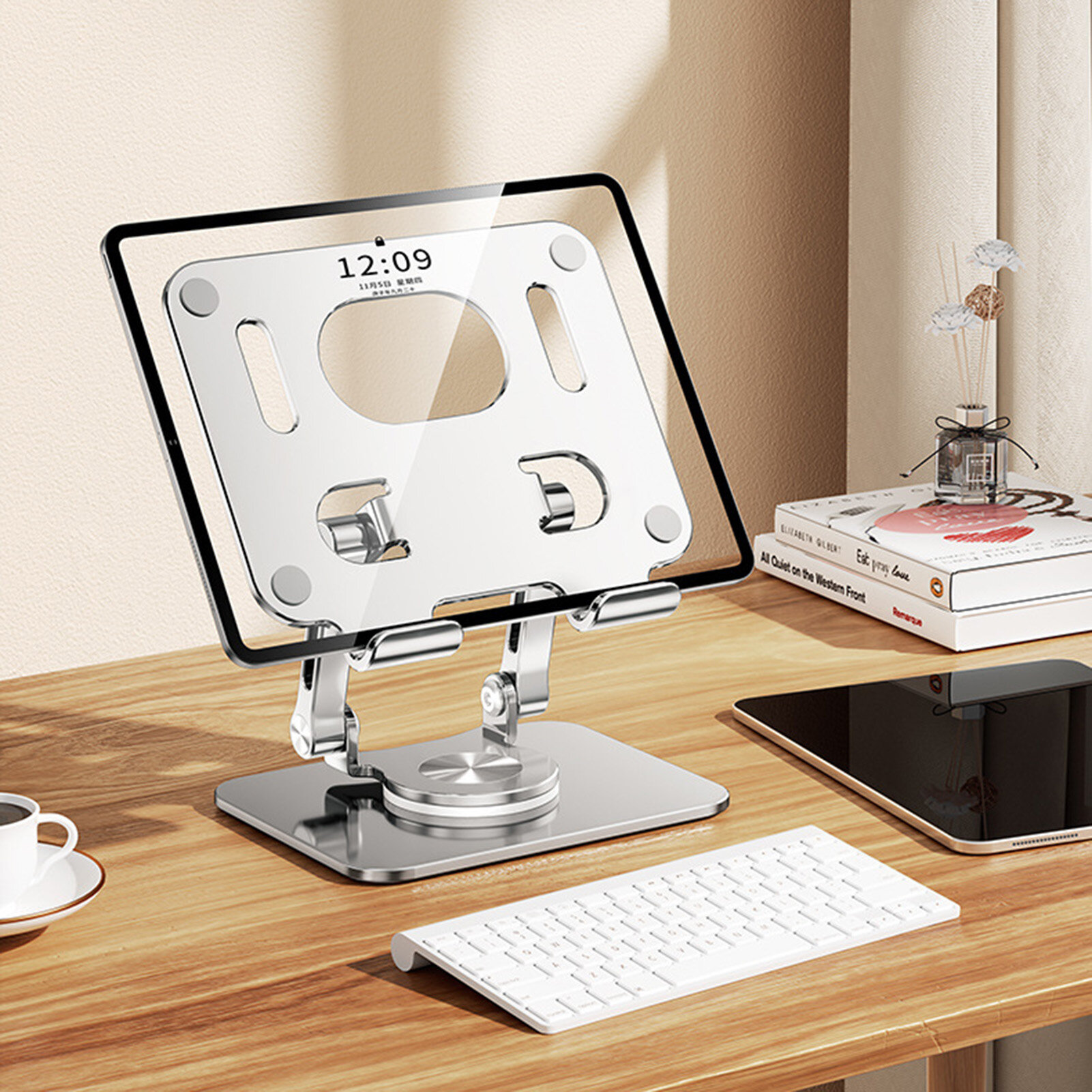 Large Storage Tablet Stand Universal Foldable 360 Degree Rotating Height Adjustable Non-slip Support Portable Tablet Holder Desktop Bracket Home Use Sturdy Tablet Holder