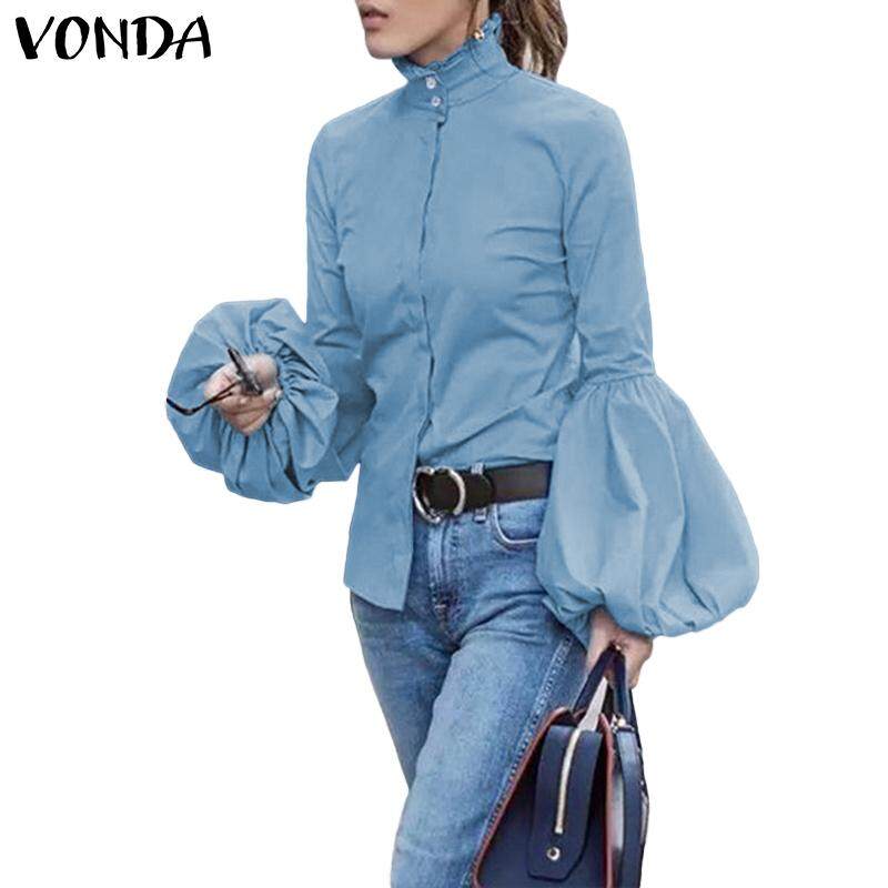 VONDA Women Casual Baggy Linen Shirt Top Long Sleeve Tunic Blouse Pullover Plus