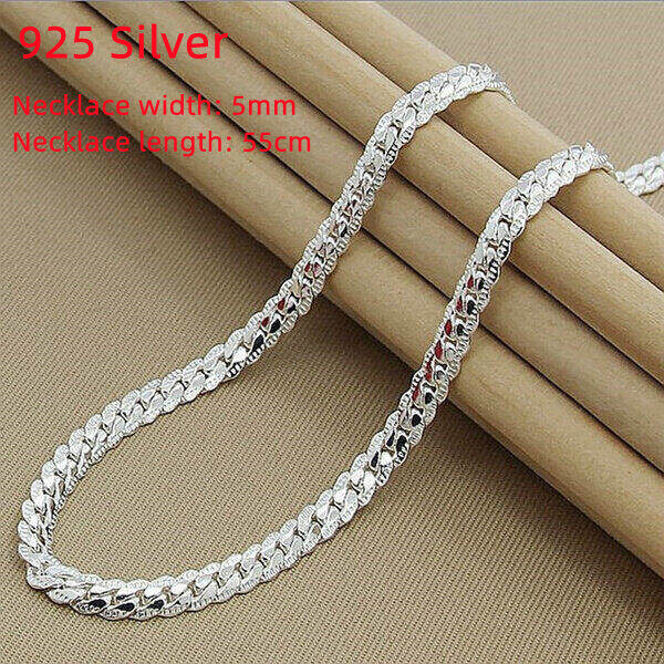 Women and Men Width 5MM Full Sideways Silver Necklace 925 Sterling Silver  Link Chain Necklace Jewelry