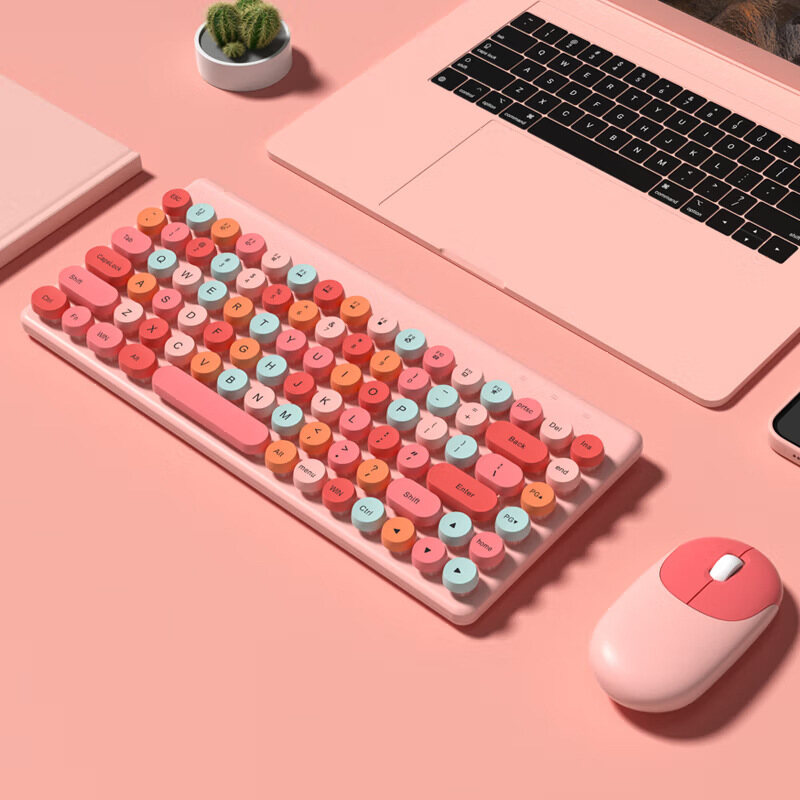 MD Bàn phím không dây và Combo Chuột, Bàn phím không dây kiểu máy đánh chữ hoài cổ với Vòng Keycaps, 2.4GHz kích thước đầy đủ USB dễ thương bàn phím không dây chuột cho máy tính, máy tính để bàn, máy tính xách tay và máy tính
