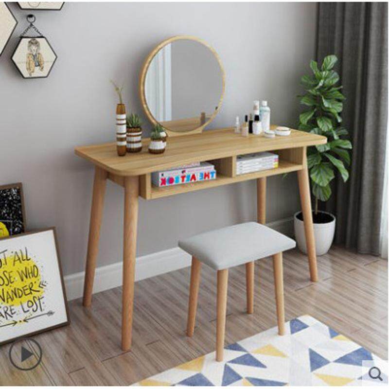 Vanity Set, Dressing Table with Round Mirror and Stool, 2 Drawers, Wood Legs, Easy Assembly