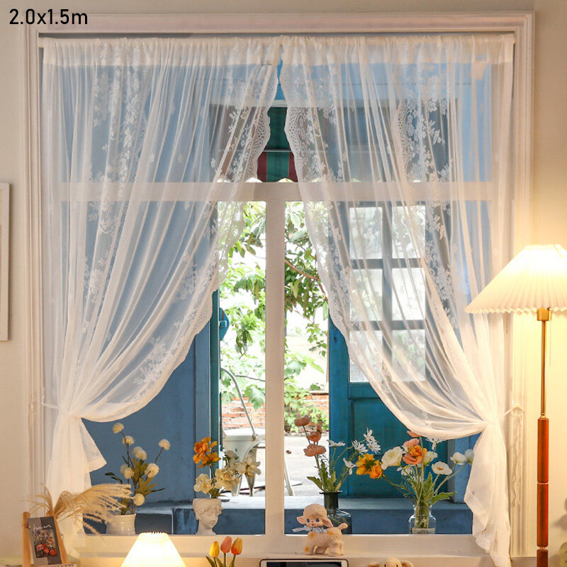 Translucent lace white tulle curtain living room dormitory bay window net red ins wind transparent jacquard gauze curtain