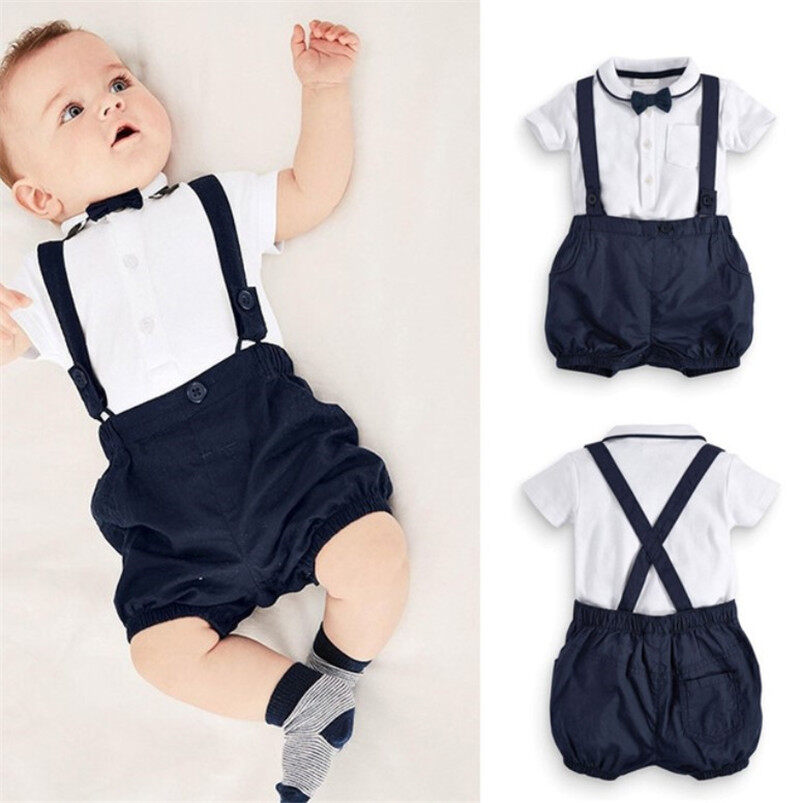 4Pcs Kids Boy Plaid Bow Shirt+Dungarees Pants Jeans Clothes Outfits Wedding Suit