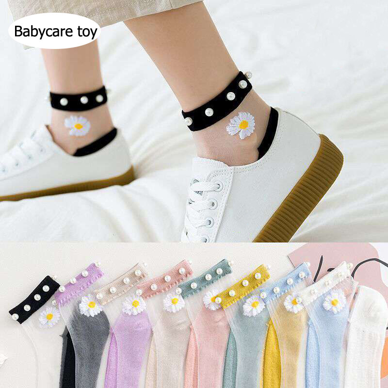 Babycare ถุงเท้าใสติดไข่มุกลายดอกเดซี่สำหรับเด็กผู้หญิง,ถุงเท้าเจ้าหญิงแฟชั่นฤดูร้อนแบบบางมากๆผ้าตาข่าย