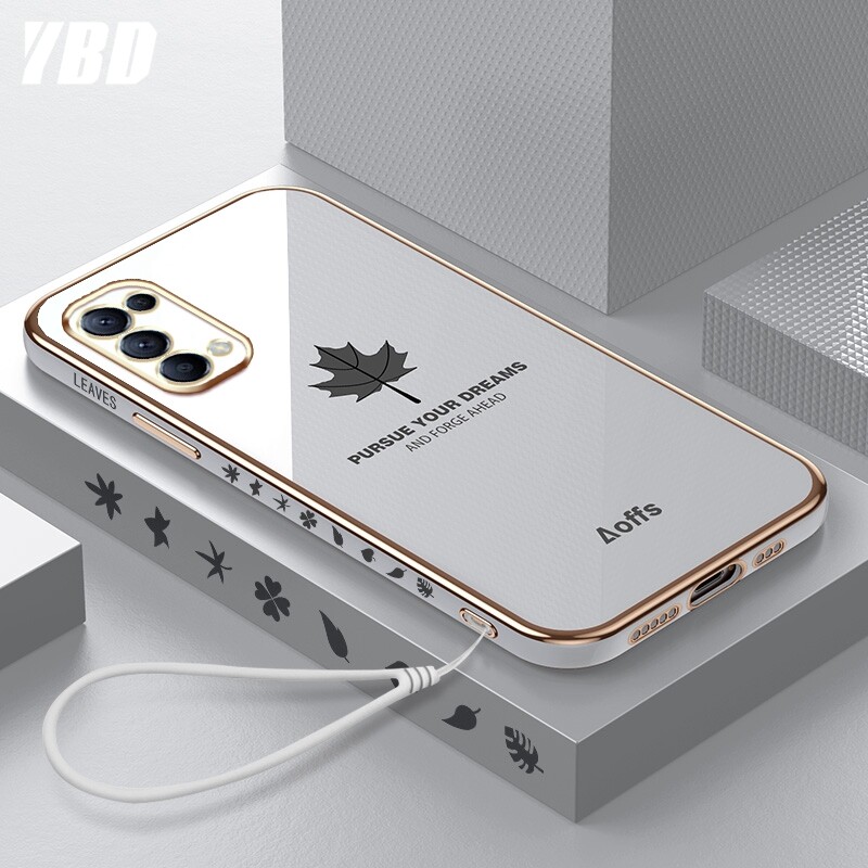 YBD Straight Edge Plating Phone case For OPPO Reno 5 4G 5G casing,Precise Camera Protection case Maple leaf pattern cover with Free lanyard