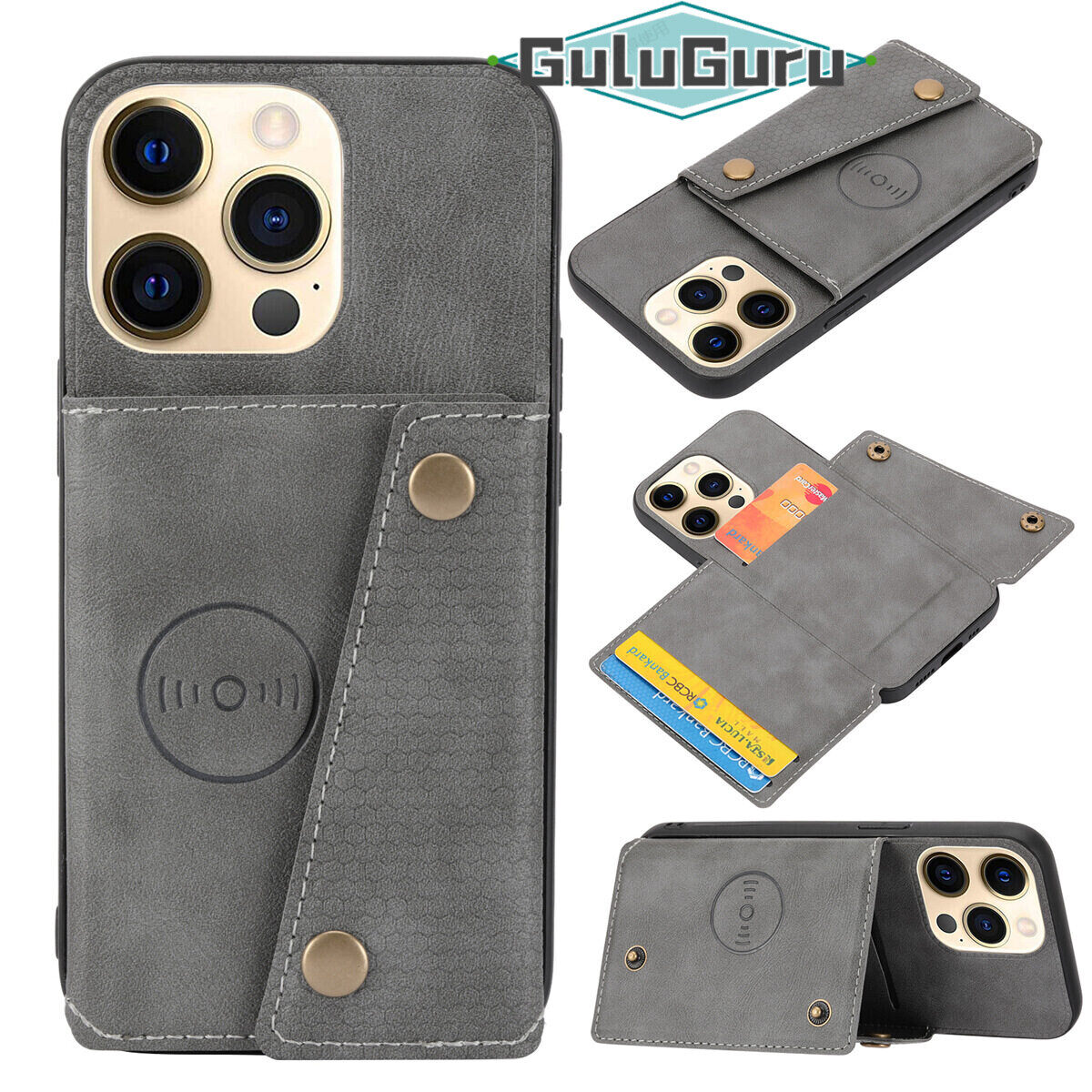 for iPhone 11 Pro Max Leather Case Multiple Folio Flip Cover Wallet Back Case Shell, can work with Car Mount, Hidden ID Credit Card Slot Holder, Retro Metal Button Clasp, Stand Support