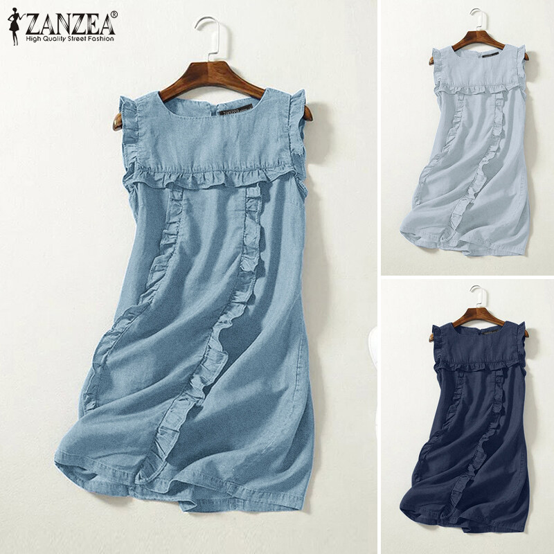 WGB Esolo ZANZEA Korean Style Women Sleeveless Ruffle Denim Mini Dress Casual Office Party Sundress 