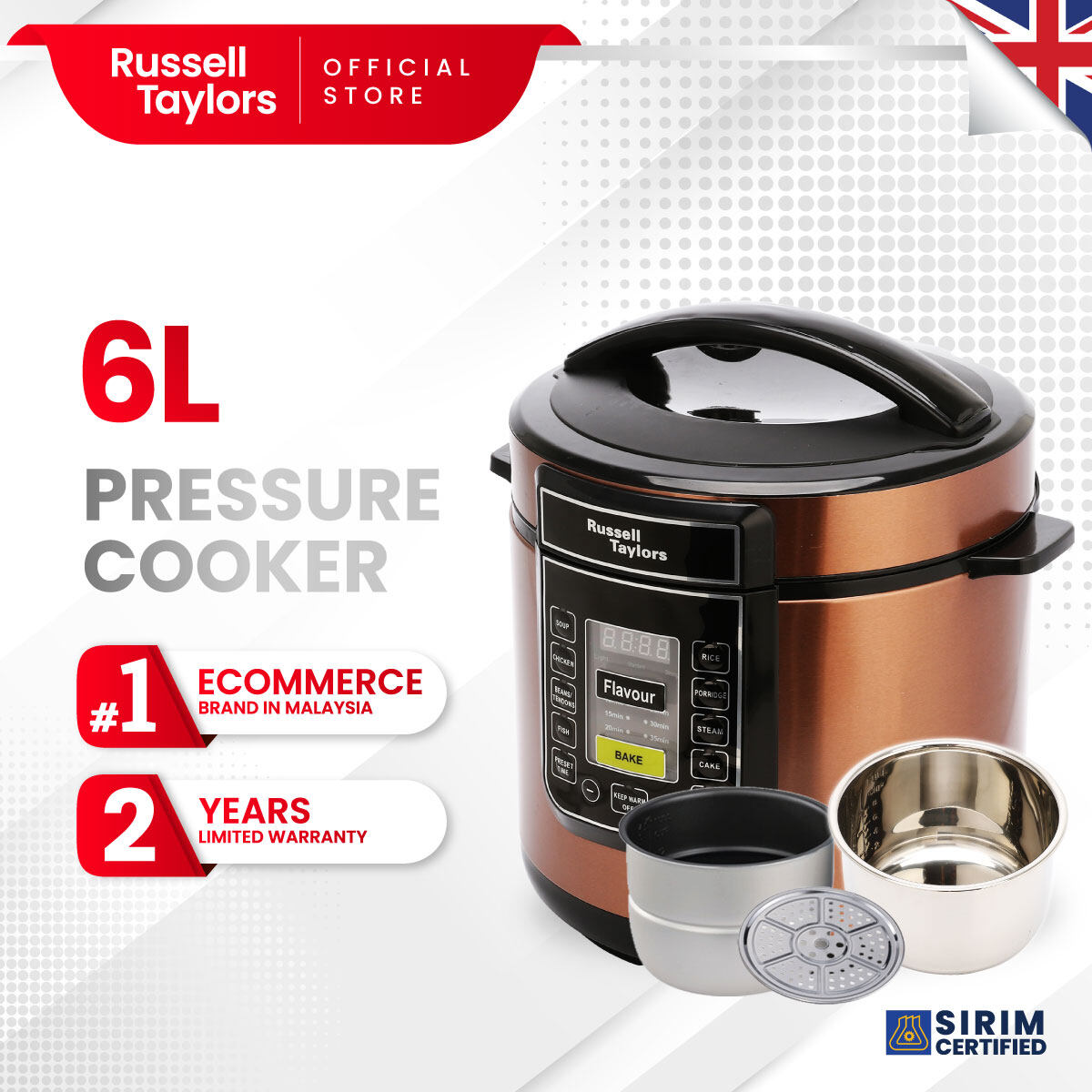 Russell Taylors 6L Dual Pot Pressure Cooker PC-60 (2 inner pots + 1 steam rack) Electric Pressure Cooker