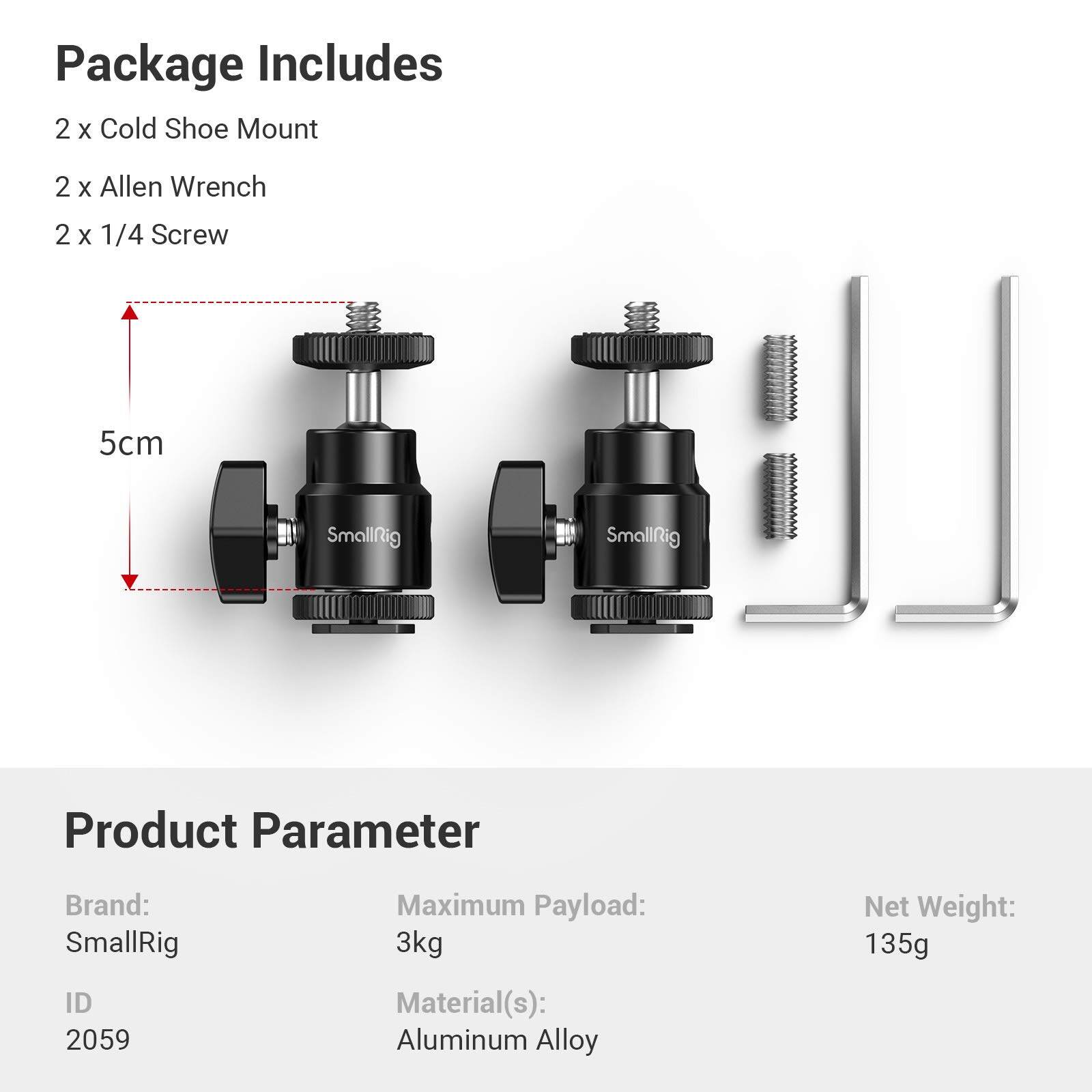 SmallRig Camera Hot Shoe Mount Cold Shoe Mount (2Pcs) with 1/4" Screw Ballhead for Monitor Mirrorless Video Light Microphone 2059