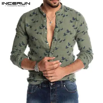 Incerun Fashion Hawaii Pria Burung Gambar Lengan Panjang V Leher T
