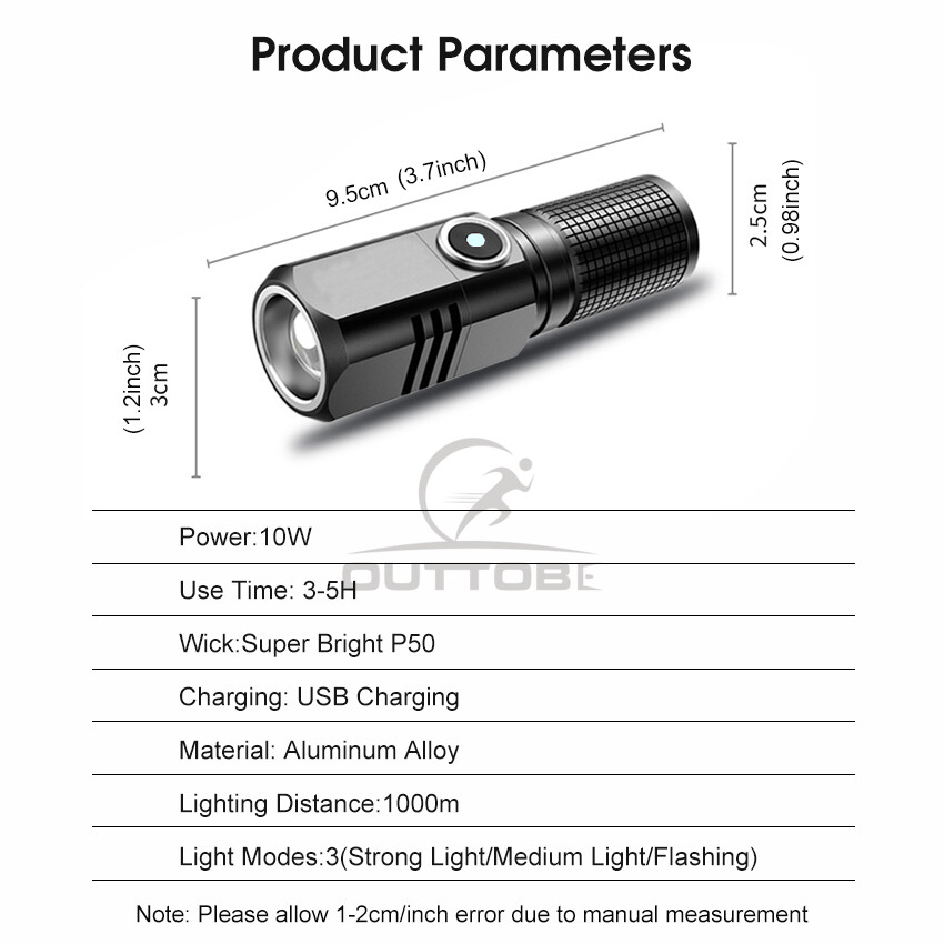 Outtobe Mini Flashlight LED Torch Light Telescopic Focus Flashlight Portable Rechargeable Flashlight Zoom Outdoor Pocket Size Waterproof Flashlight Strong Light 1000m Distance for Hiking Camping
