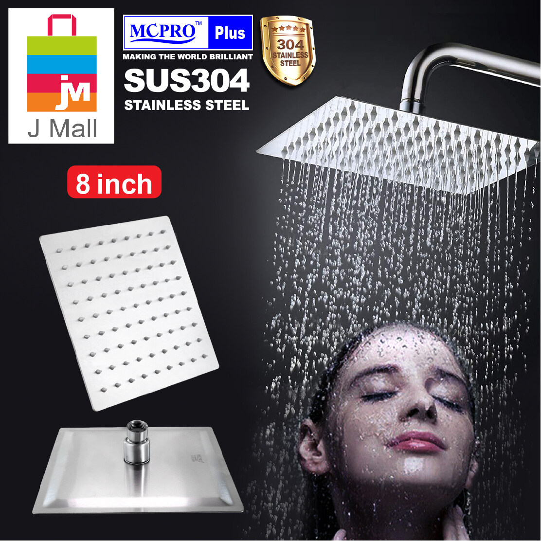 MCPRO PLUS 8 inch Square Stainless Steel SUS304 Rainfall Shower Head