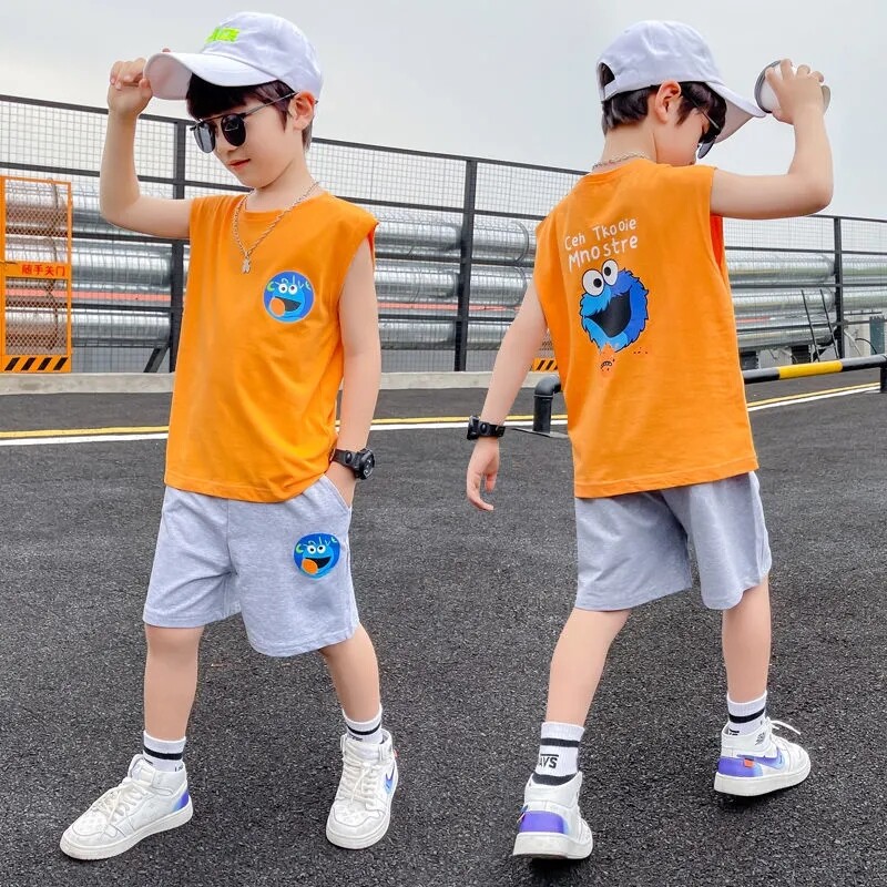 FORHERFORHIM 2PCS Suit Children's Clothing Boys Summer Vest Suit Net Celebrity Fashion Children Summer Sleeveless Top + Shorts Two-piece Suit Free Shipping FH2084