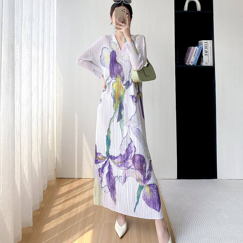 Korean Autumn New Product 100 Pleated Long Sleeve Dress Art Print Pattern Slim Fit Dress Large Fashion Casual Long Dress