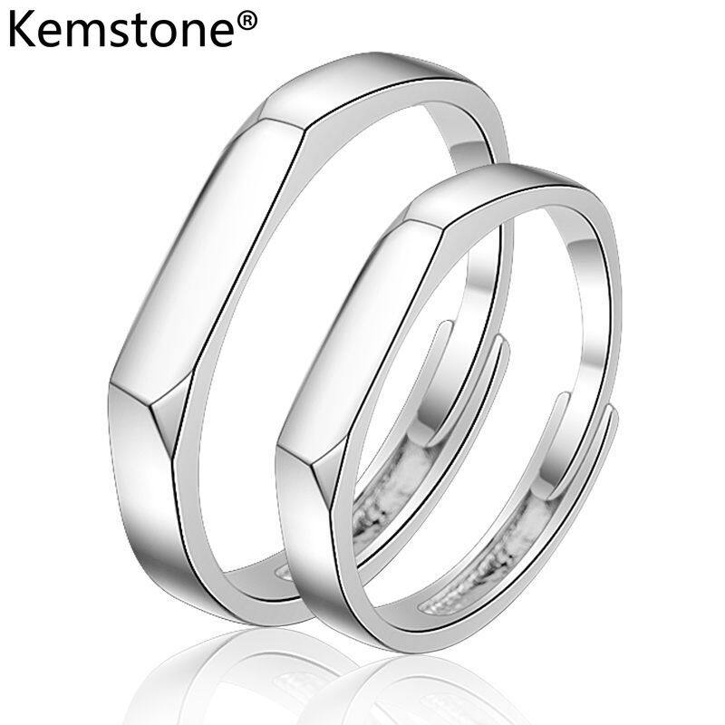 Kemstone Silver Plated Cubic Zirconia Simple Adjustable Smooth Couple Rings Valentine's Day Jewelry Gift for Girlfriend Boyfriend Women Men