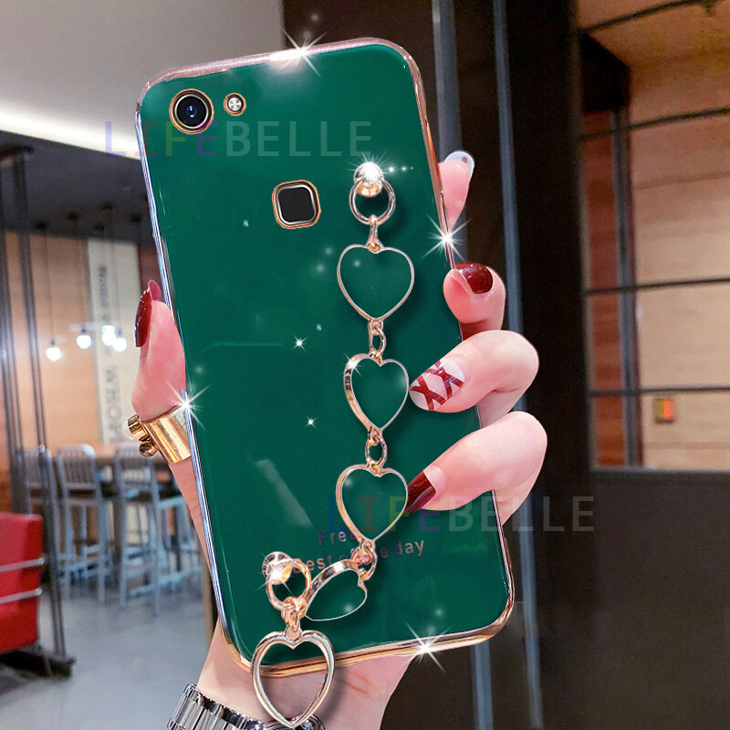 LIFEBELLE Casing for Vivo V7 V7+ Plus V15 V19Neo V20 V23e V23 V21 V21e V25 Case, Love Heart Wristband, Fashion Shiny Plating Slim Phone Cases Soft TPU Silicone Shockproof Protective Cellphone Casing Cover