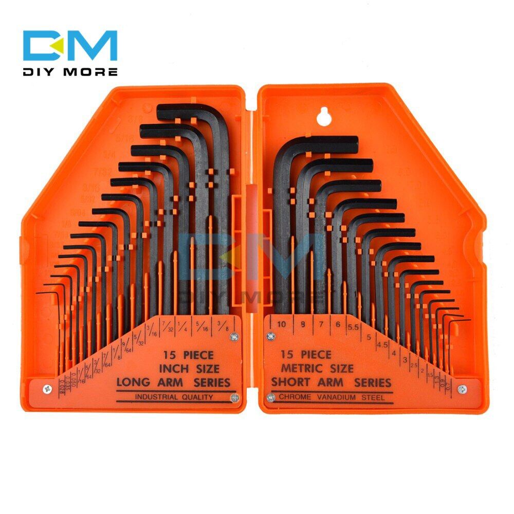 Diymore-set of 30 hex wrenches metric size chrome vanadium steel wrench long arm tool set tool type portable metric and inch flat head l-shaped l-shaped allen wrench set 0.028"- 3/8" inch and 0.7mm-10mm
