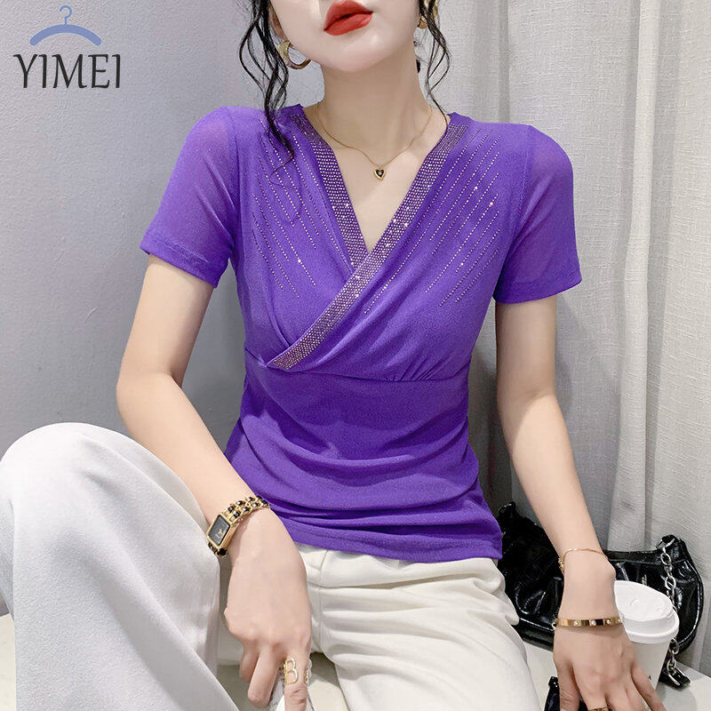 YIMEI Áo Thun Nữ Đẹp Quảng Châu Áo Phông Tay Ngắn Cổ Chữ V Kim Cương Nổi Bật Áo Phông Lưới Hở Áo Lót Cà Phê Thời Trang Nữ Ôm Vừa