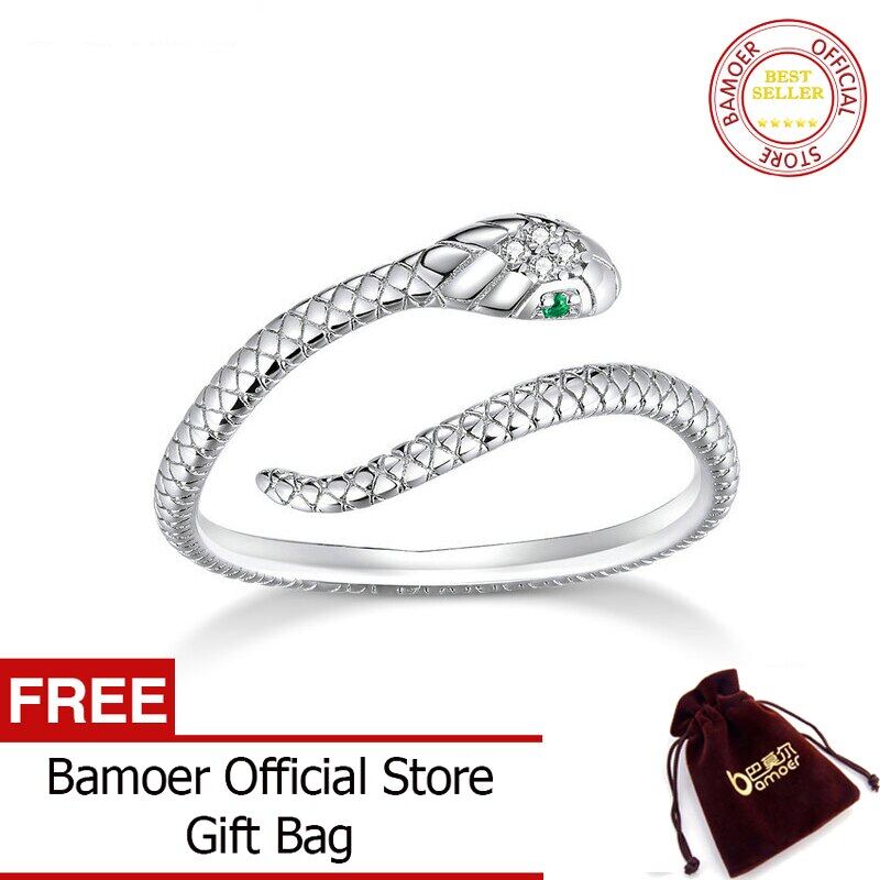 BAMOER Genuine 925 Sterling Silver Snake Size Open Adjustable Finger Rings for Women Statement Wedding Jewelry SCR666