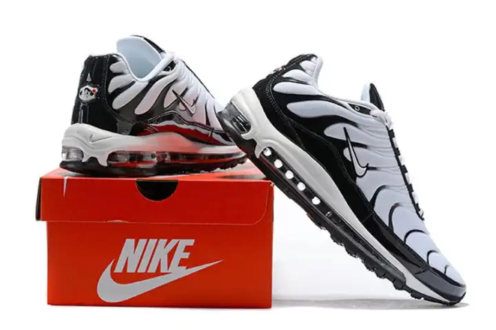 Stok Tersedia Pria NIKE_Air Max 97 Plus TN Bersama Campuran Air Tunggal Shockproof Sport Sepatu Lari PutihHitam Sepatu Gunung Stok Tersedia Pria NIKE_Air Max 97 Plus TN Bersama Campuran Air Tunggal Shockproof Sport Sepatu Lari PutihHitam Sepatu Gunung