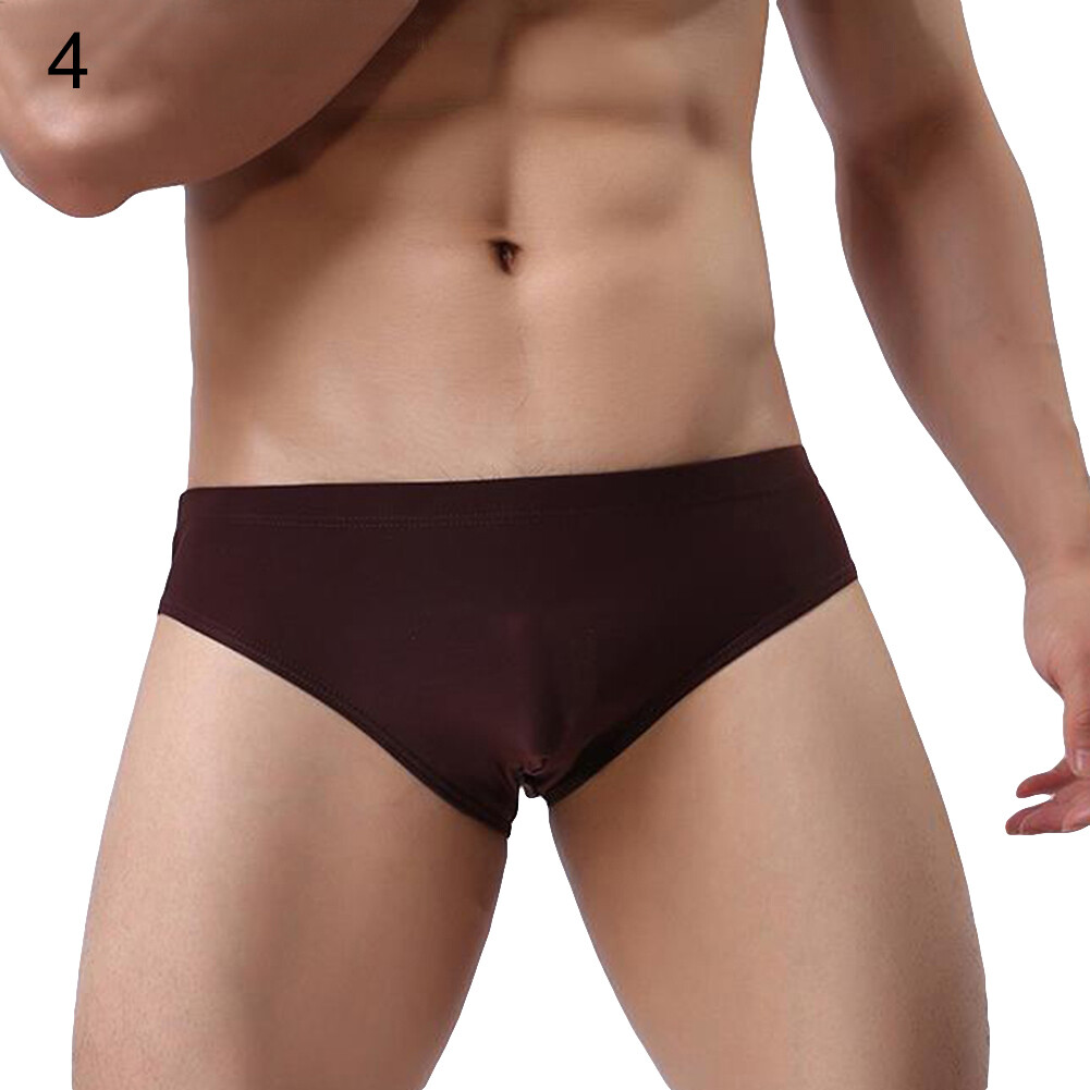Sexy Men\'s Underwear Solid Color Mid Rise Ice Silk Briefs Elastic Underpants
