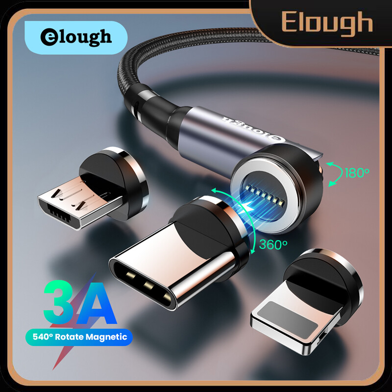 Elough Cáp Từ Tính Xoay 540 Cáp Micro USB Type C Sạc Nhanh 3A Cho iPhone Xiaomi Bộ Sạc Từ Tính Dây USB Dữ Liệu Điện Thoại