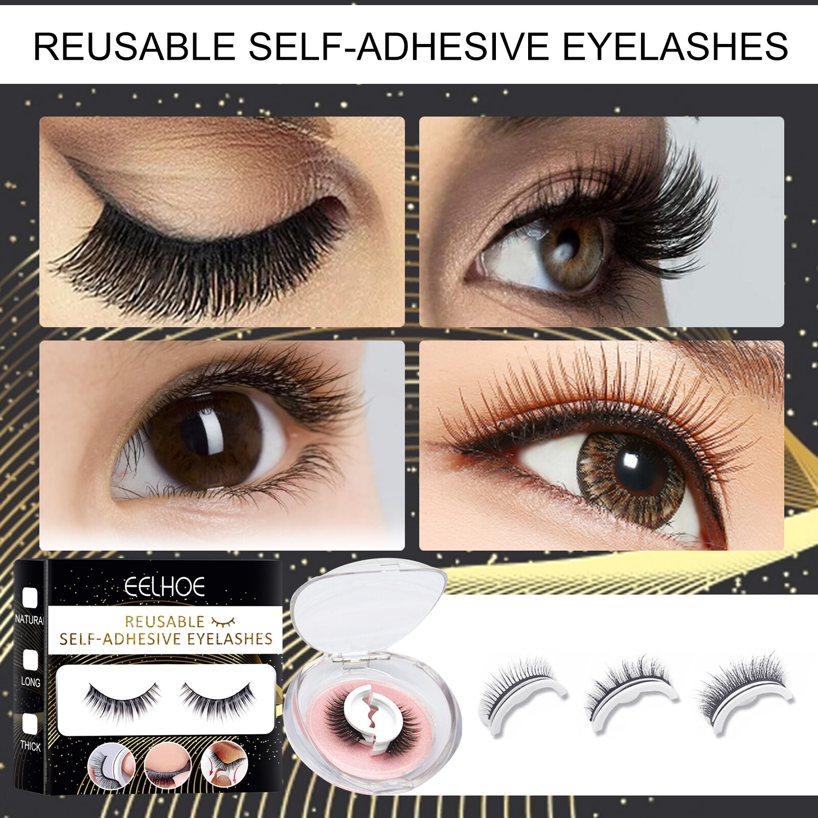 【Hot Sale】Eelhoe Reusable Self-adhesive False Eyelashes Natural  Long Thick Multiple Reversible Self-adhesive Free Glue 3D Fake Eyelashes Professional Non Irritating Comfortable Reusable Cosmetics（1Pair）