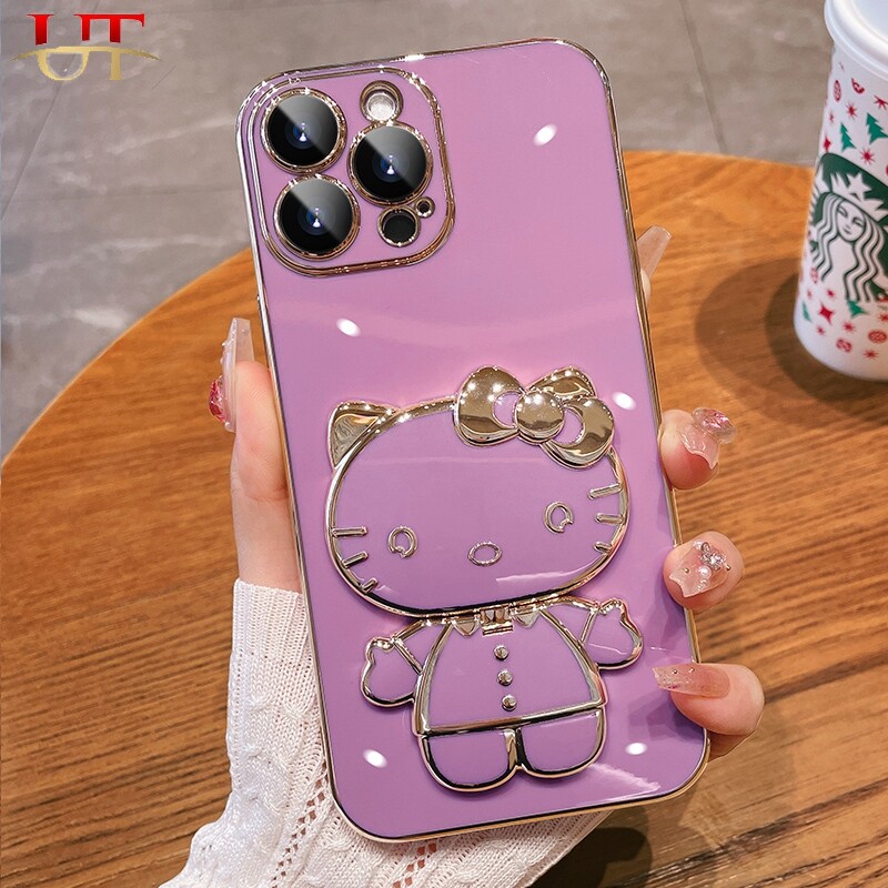 Luxury smooth silicone case For iphone 15 pro max 15 plus iphone 14 pro max iphone 13 pro max iphone 12 pro max iphone 11 pro max iphone 12 mini iphone 11 mini electroplated Kitty cat touch-up mirror stand