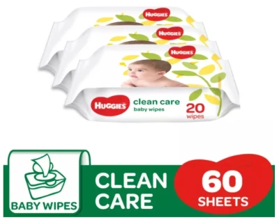 Huggies Baby Wipes Clean Care 20s x 3 pack wet tissue