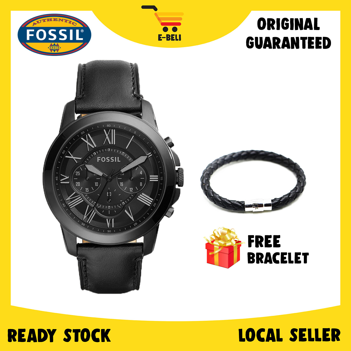 [100% Original & Free Bracelet] E-BELI Fossil FS5132 Men's Grant Chronograph Black Dial Black Leather Men Watch