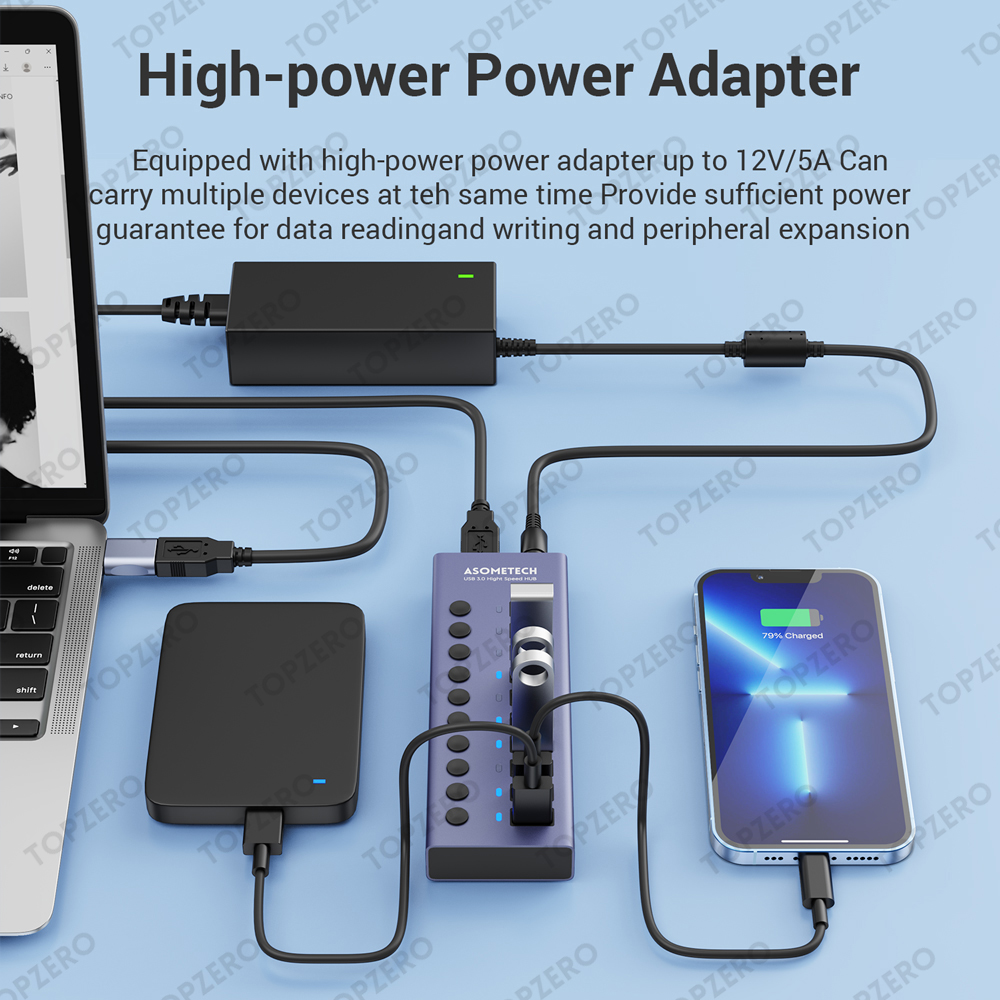 TOPZERO Bộ Chia USB 7/10 Cổng 3.0 Bộ Chia USB 3.0 Bộ Chia USB Đa Năng Tốc Độ 5Gbps + 60W (12V/5A) Bộ Chuyển Đổi Nguồn 7/10 Cổng Bộ Chia USB 3.0 Có Công Tắc Cho Máy Tính Xách Tay
