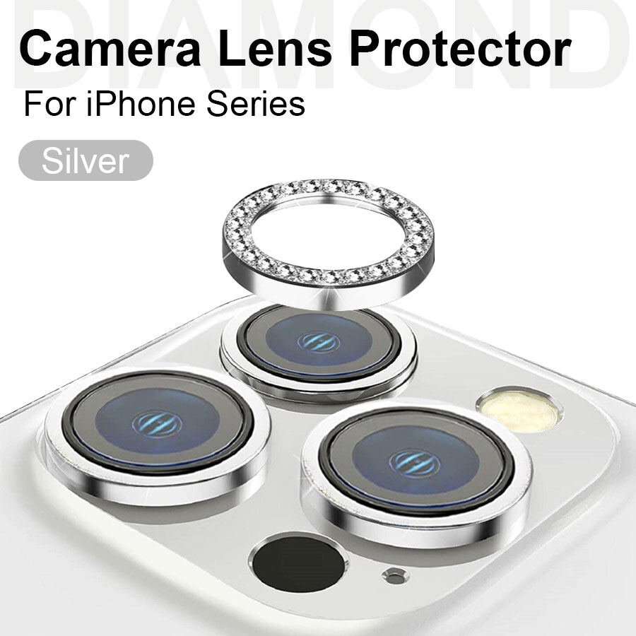 1pcs for iphone 15 pro max plus 14 13 12 11 pro max metal ring lens tempered glass film diamond camera lens protector cover