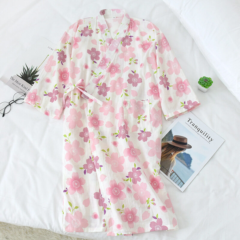 Spring and summer thin gauze Nightgown cardigan long nightgown cotton double deck bathrobe women's Japanese style pamas big flowerZB5L