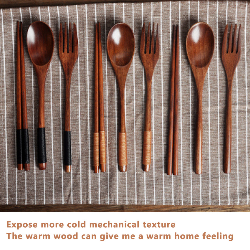 Wooden Flatware Set, 8.8"Chopsticks Spoon Fork Flatware Tableware Cutlery Set Travel Utensils Tied Line Reusable Flatware for Camping,Picnic,Office or Home (3 pcs )