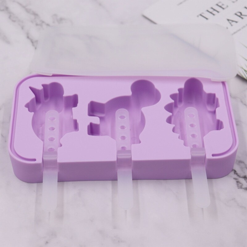 3 Holes Ice Cream Mold Dinosaur Shape Ice Pop Molds Popsicles Makers Kitchen Gadgets Ice Popsicles Molds DIY Accessories