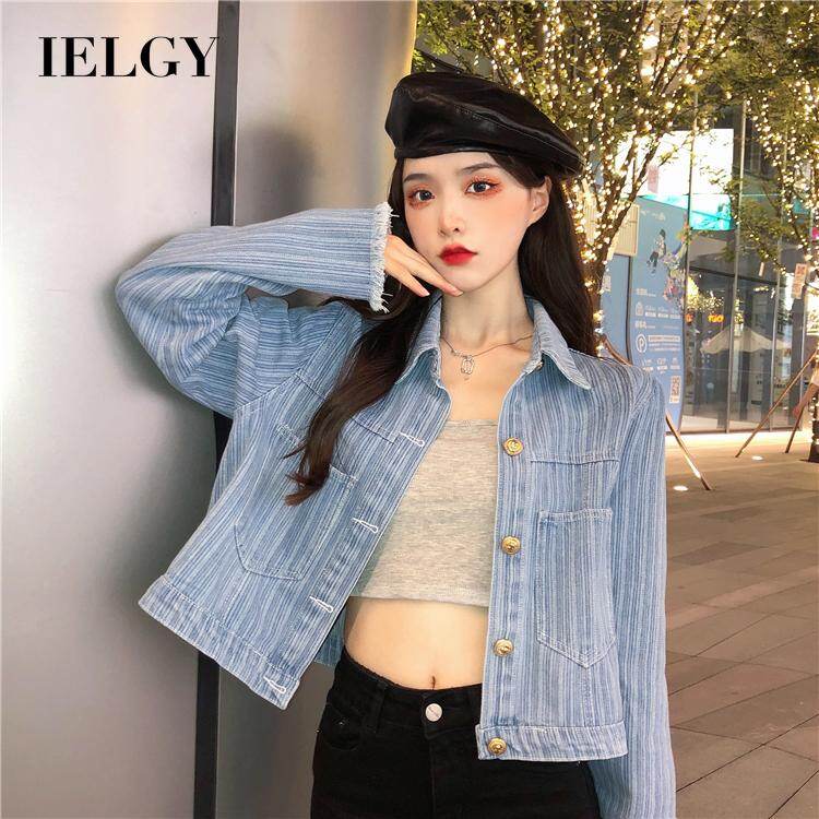 IELGY women's vertical striped simple long-sleeved fringed denim jacket