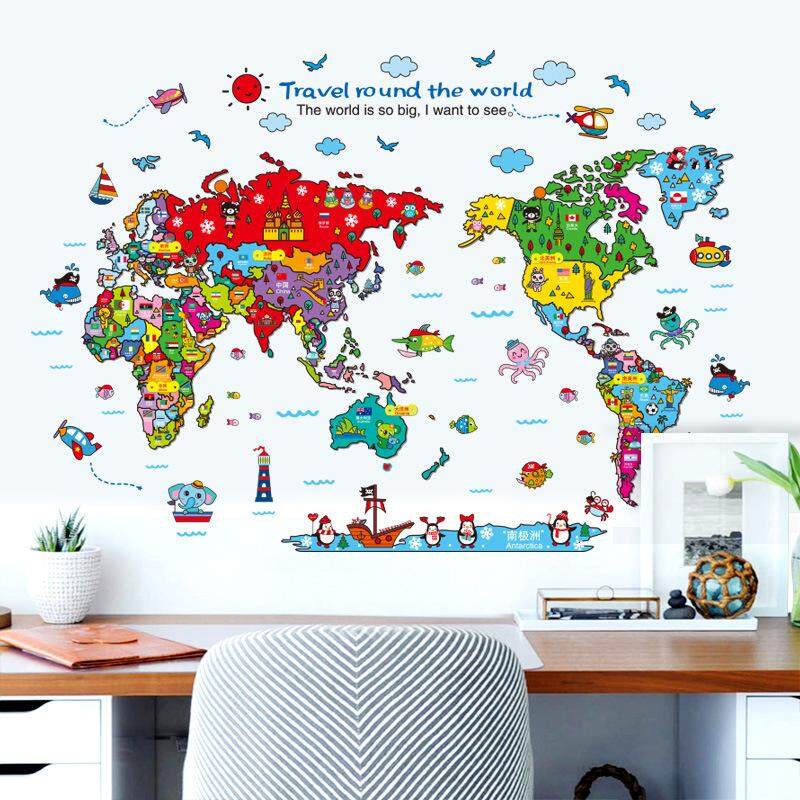 Baby Travel Around The World Cartoon Animal Map 3D Vinyl Wall Stickers Kids Room Nursery Decoration Puzzle Wallpaper 60*90cm