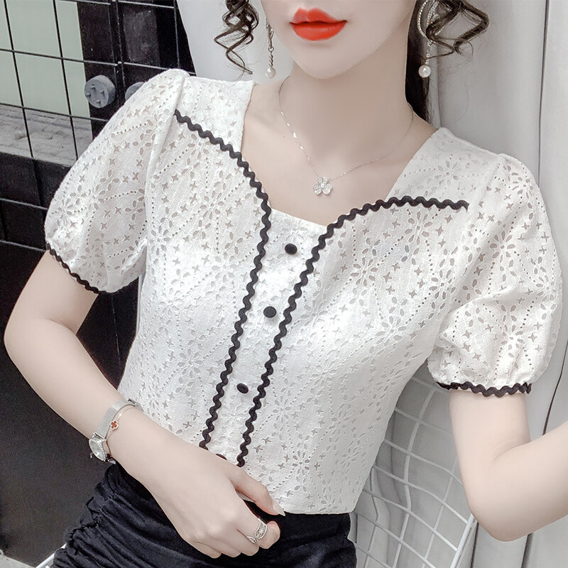 YIGE Summer New Crochet Hollow Korean Style Fashion Elegant Lace Blouse Women