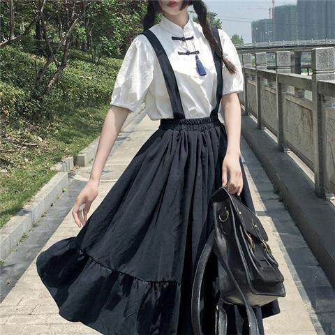 Japanese retro Yamamoto style sweet college style shirt mid-length strap dress children summer two-piece suit