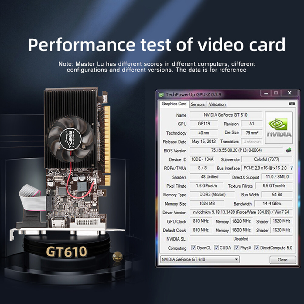 GT610 Display Card 810MHZ DDR3 1GB Computer Graphics Card HD VGA DVI Interface Replacement Accessories for Computer Desktop Game